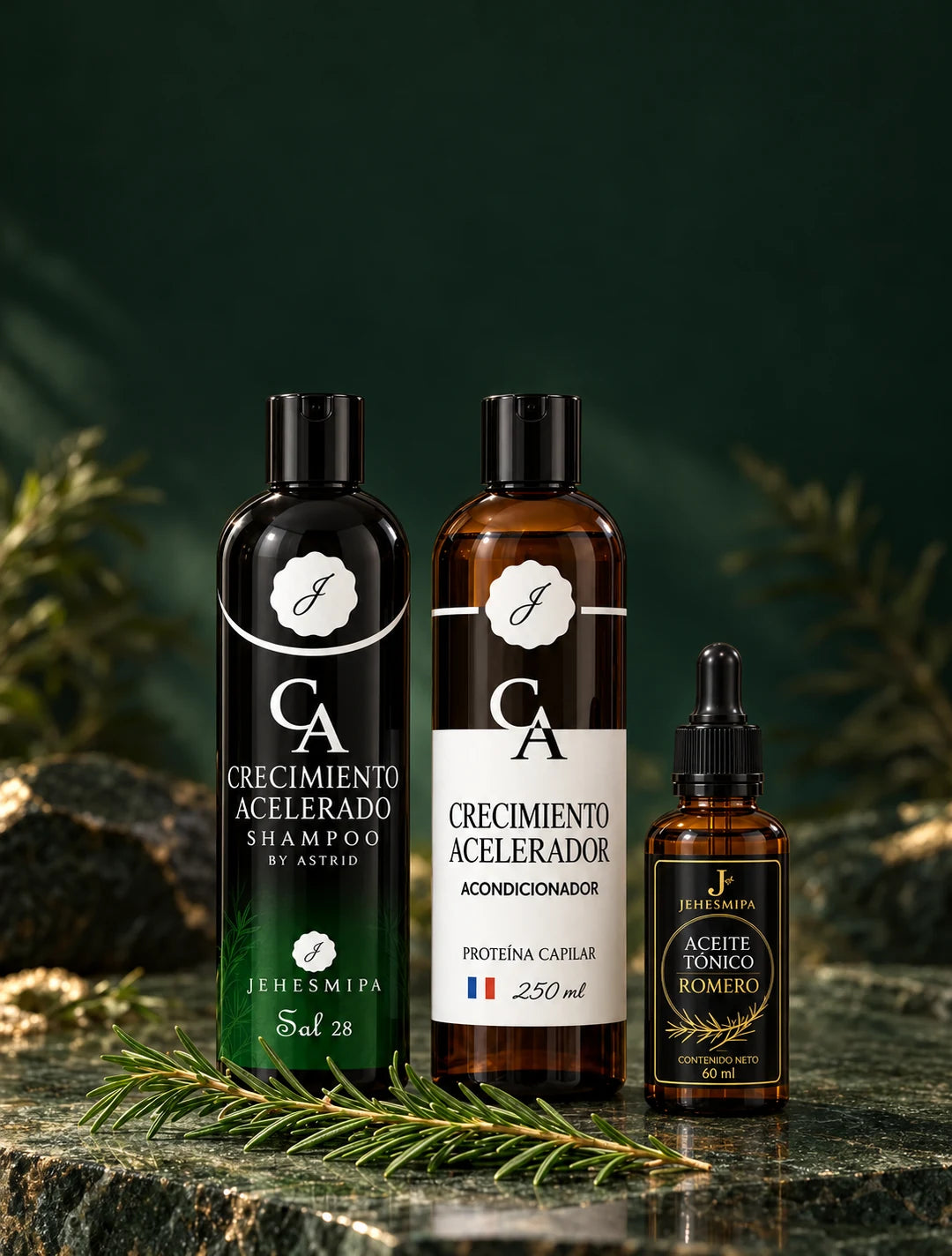 Combo CA: shampoo negro, acondicionador ámbar y aceite de romero de 60 ml en una escena botánica