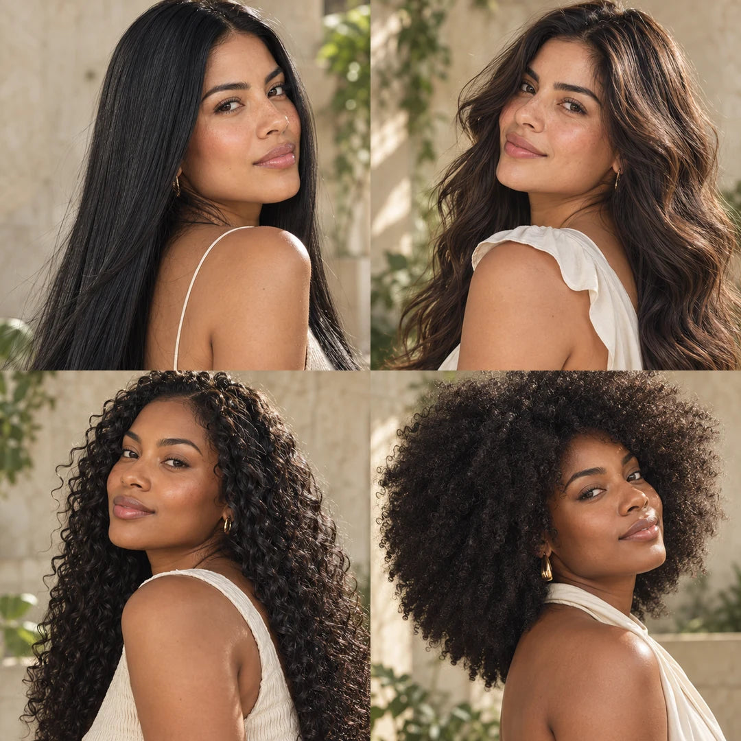 Cuatro texturas de cabello: liso, ondulado, rizado y afro