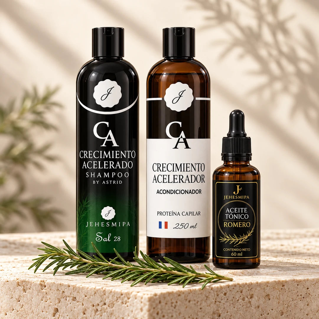 Los tres productos del combo: shampoo CA, acondicionador CA y aceite de romero