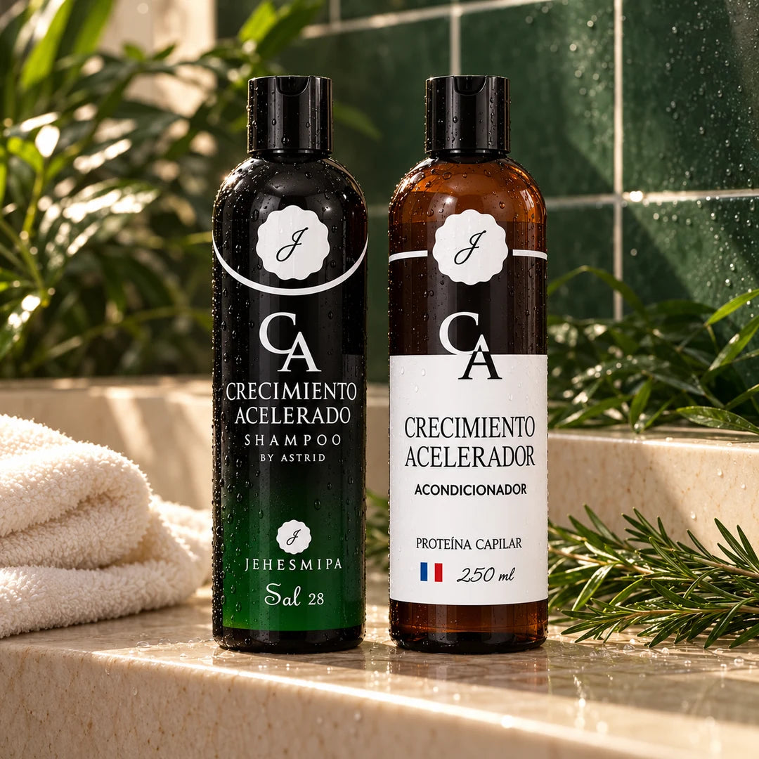 Detalle de los envases de shampoo y acondicionador CA